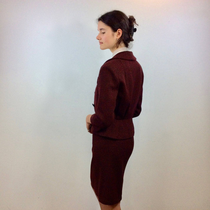 Back view of 1950s Wool Blazer and Skirt Set Size Small-Medium sold by bohemevintage.com Montreal 