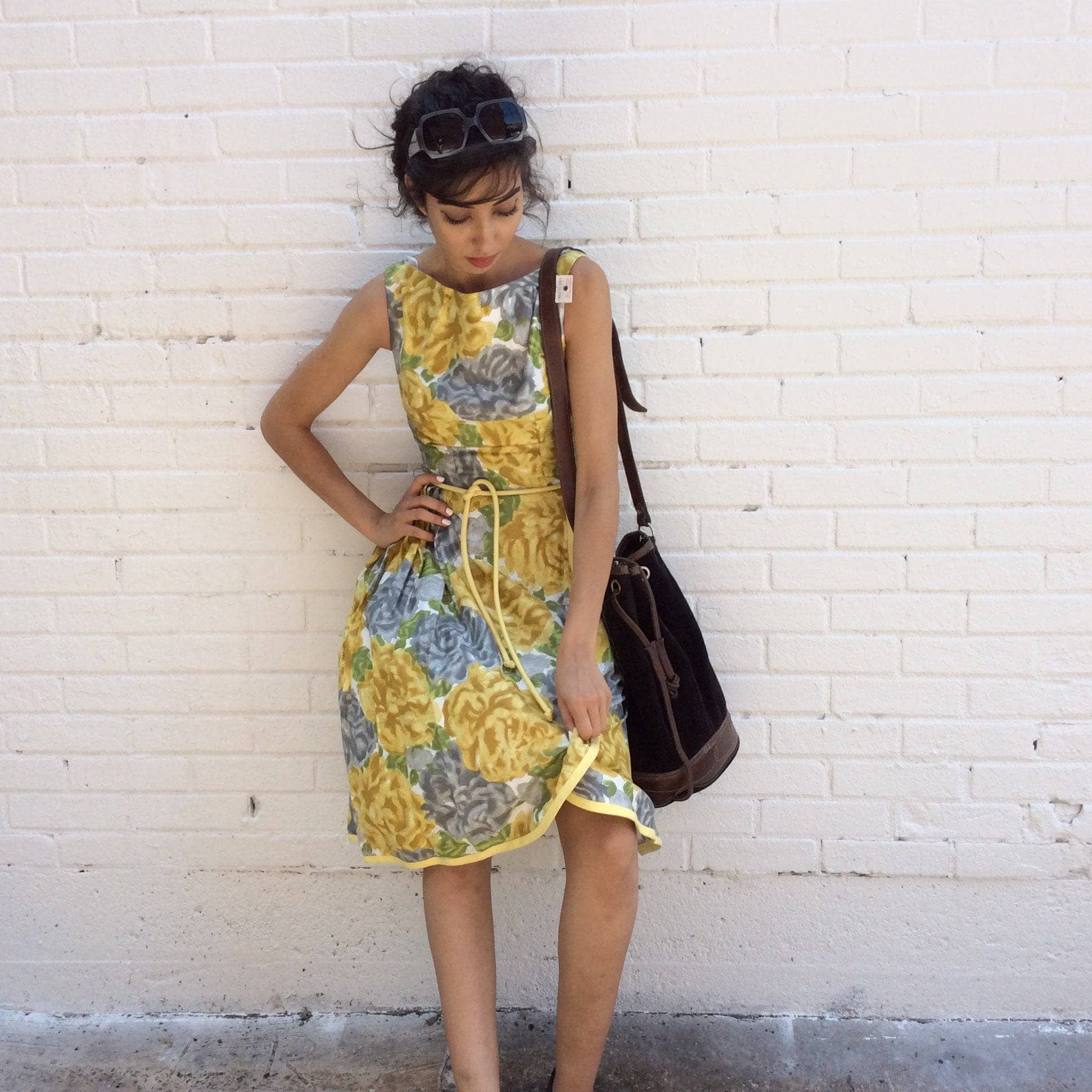 1950s Yellow Floral Cotton Dress Size Small sold by bohemevintage.com Montreal 