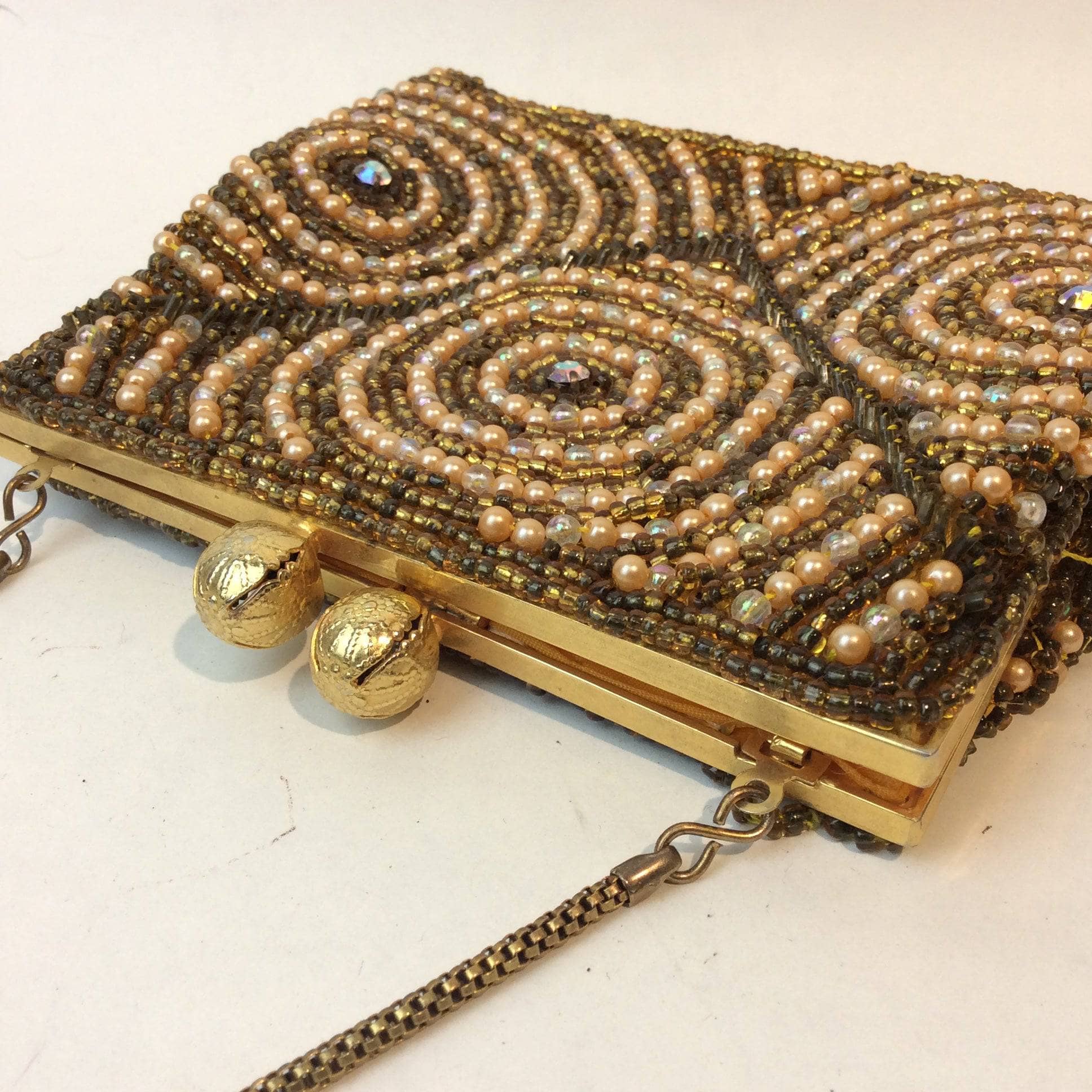 Close-Up of 1960's Gold Beaded Evening Bag sold by bohemevintage.com Montréal
