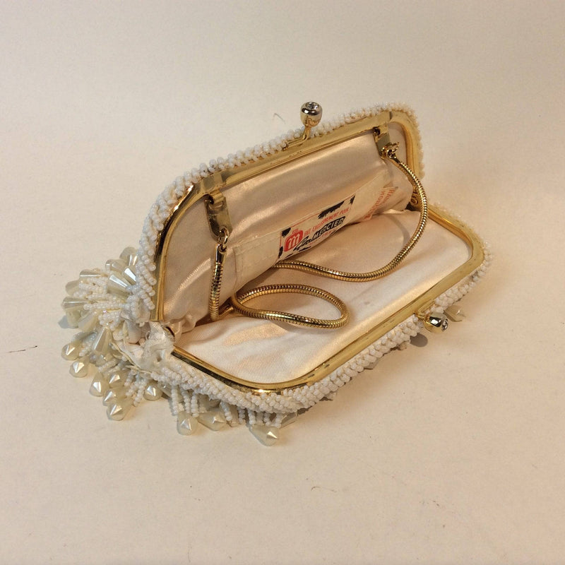 Open View of 1960's "Geo Mercier" Ivory Bead and Sequin Evening Bag Clutch sold by bohemevintage.com Montréal