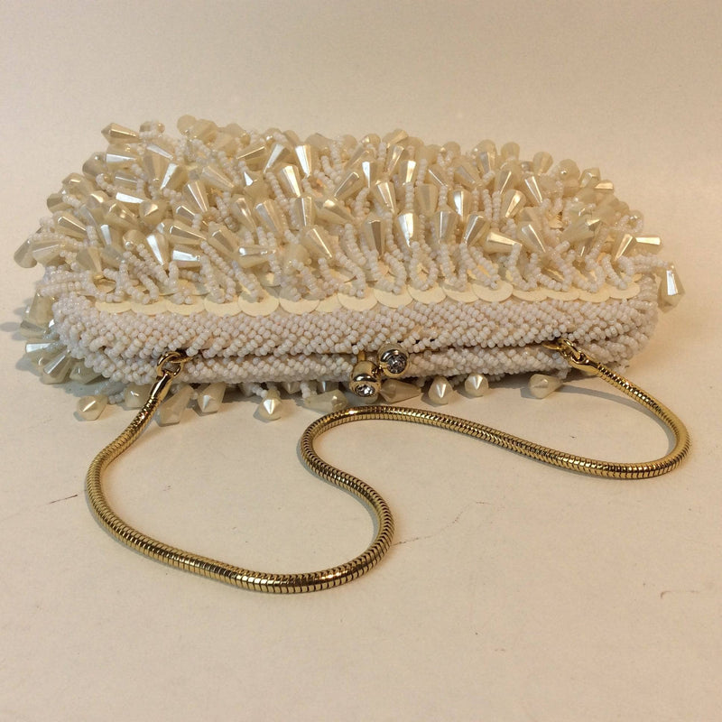 Vintage White Beaded & Ivory Satin Clutch Purse, 1960s Sequins