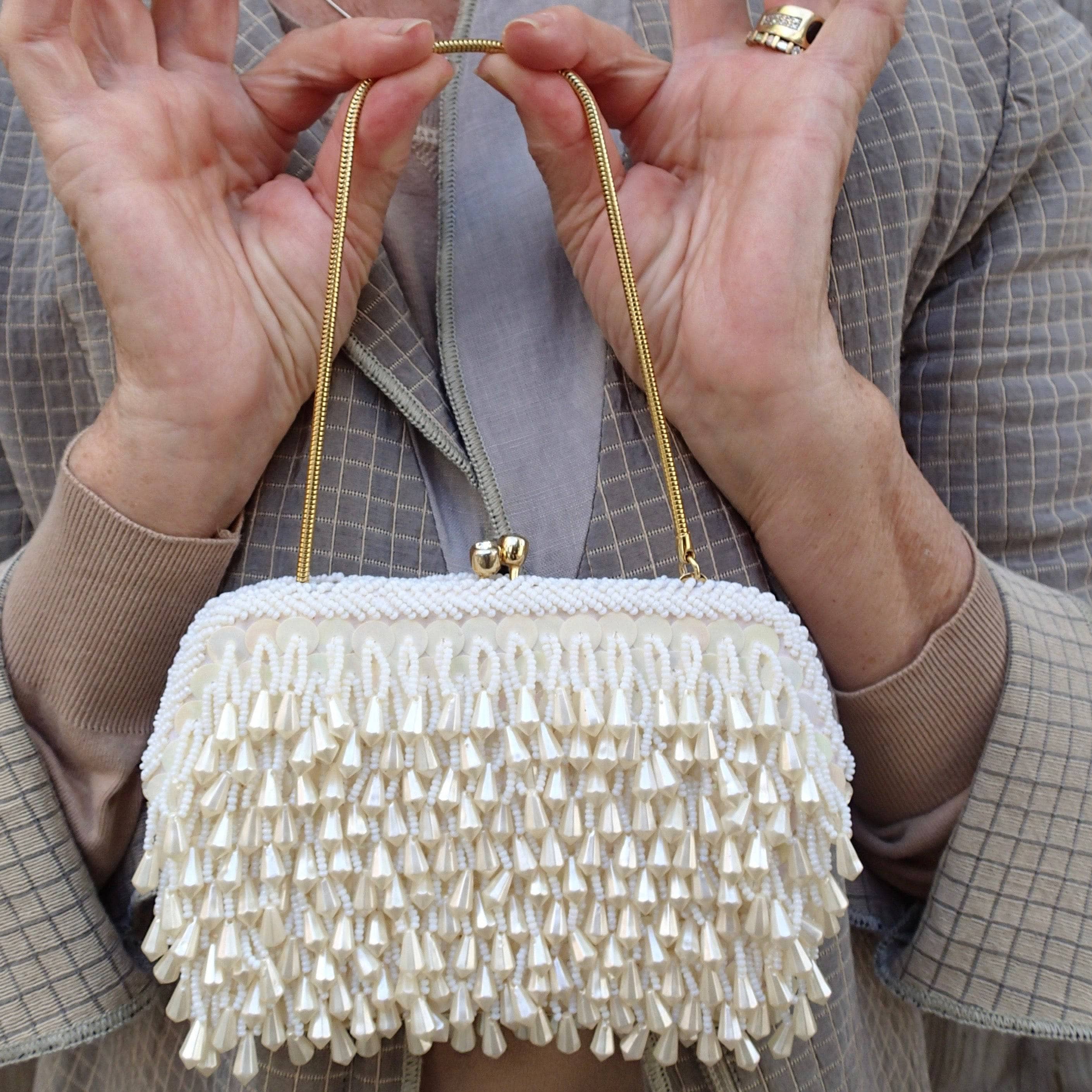1960's "Geo Mercier" Ivory Bead and Sequin Evening Bag Clutch sold by bohemevintage.com Montréal