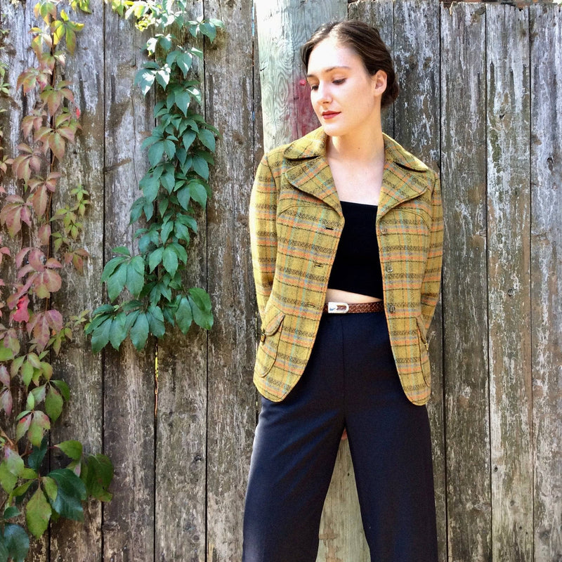 1960s-1970s Mustard and Green Fitted Plaid Wool Blazer from brand Original Brando sold by bohemevintage.com