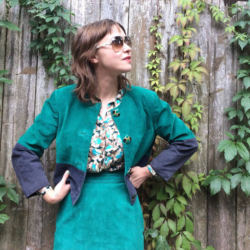 1960s-70s Aqua Floral Print Jersey Blouse worn with a 2 piece suede jacket and skirt set Size Medium-Large sold by Boheme Vintage Montreal