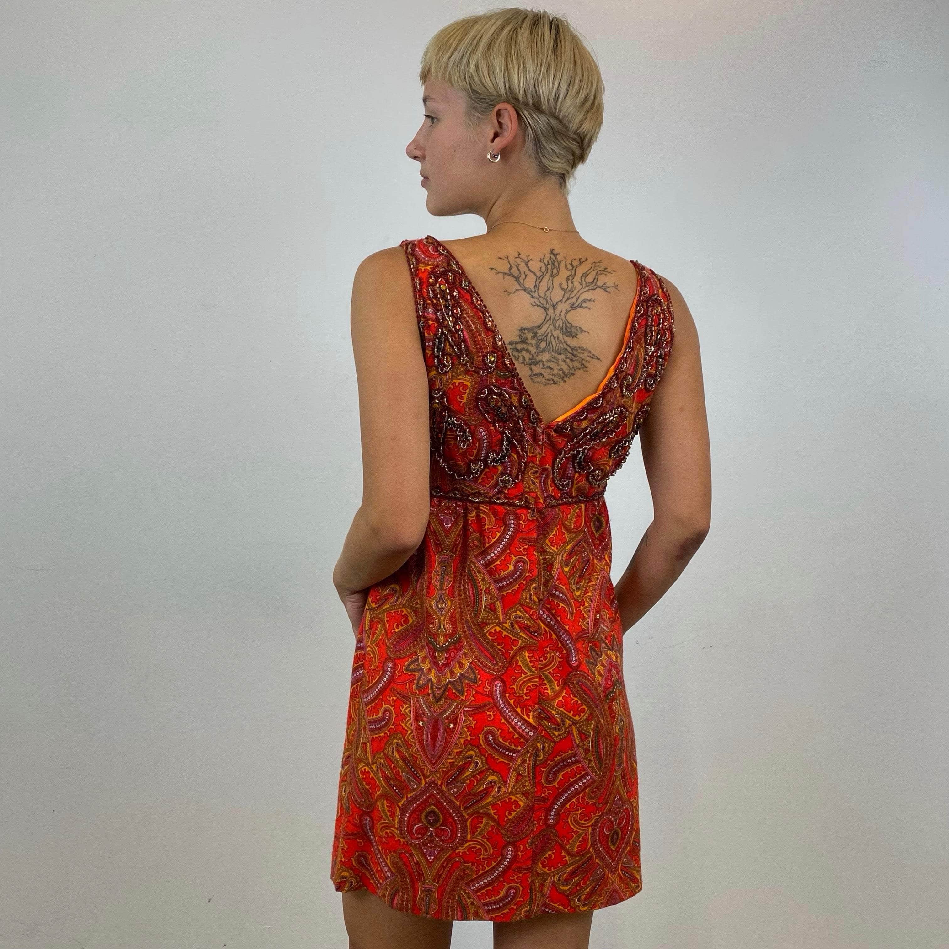 1960s Red Beaded Paisley Print Empire Waist Mini Dress- Size Small, Embellished with Beads and Rhinestones , V-Shape Neckline