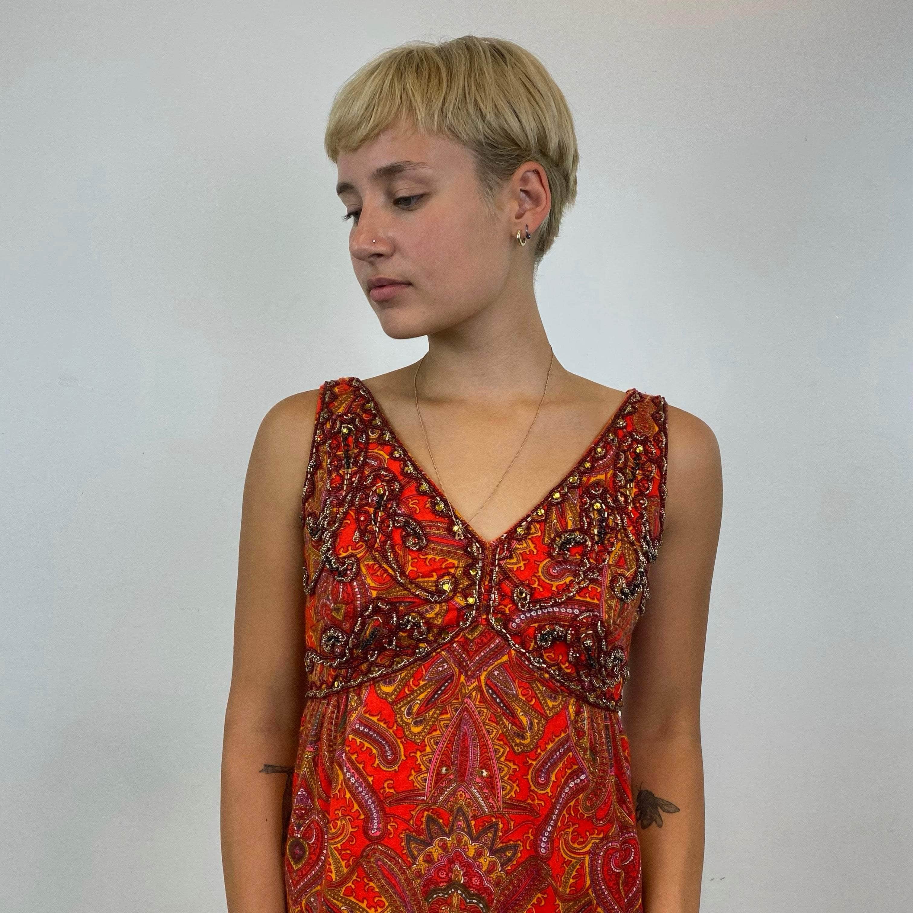 1960s Red Beaded Paisley Print Empire Waist Mini Dress- Size Small, Embellished with Beads and Rhinestones , V-Shape Neckline