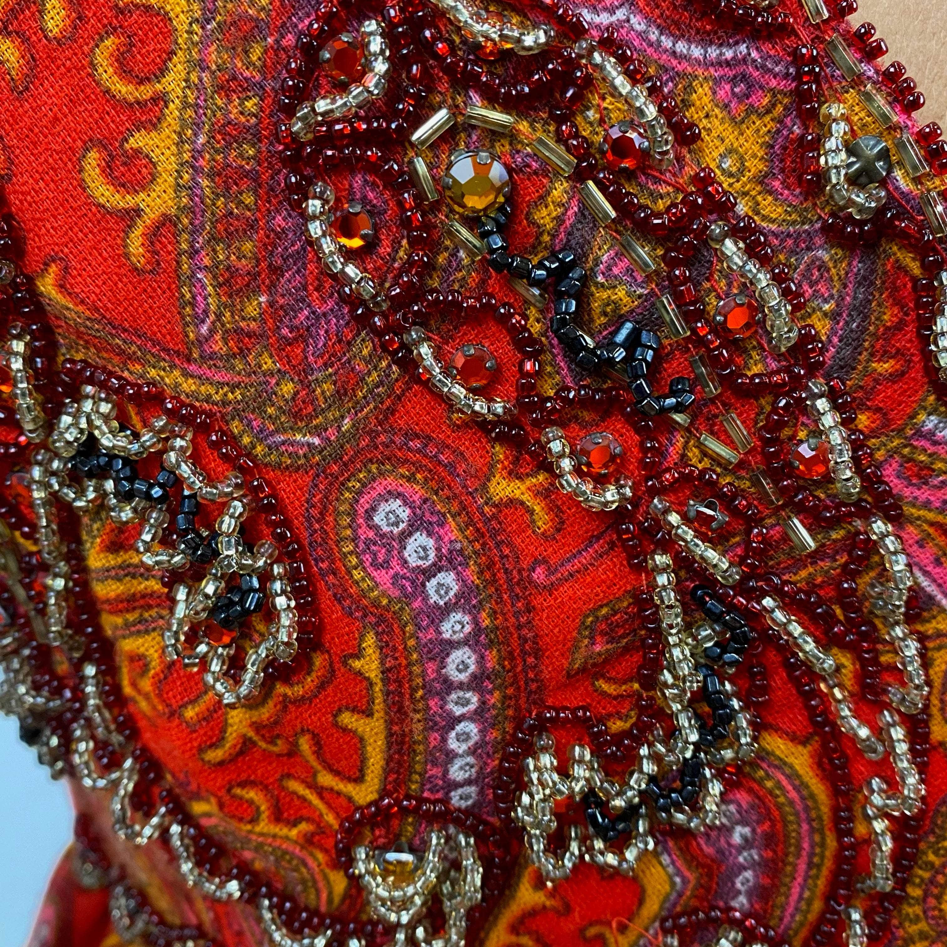 1960s Red Beaded Paisley Print Empire Waist Mini Dress- Size Small, Embellished with Beads and Rhinestones , V-Shape Neckline