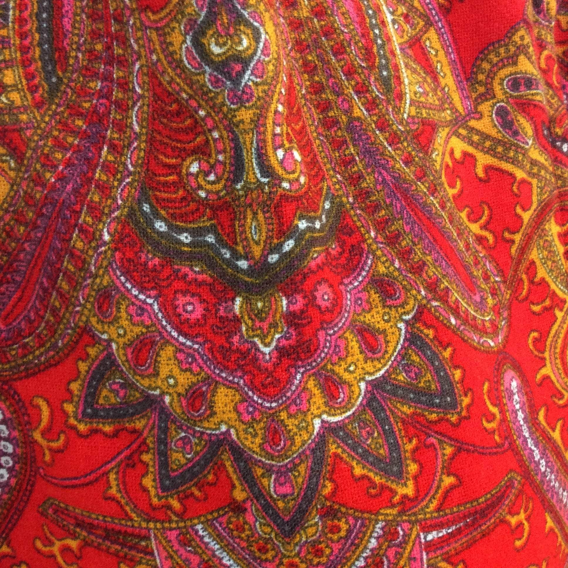 1960s Red Beaded Paisley Print Empire Waist Mini Dress- Size Small, Embellished with Beads and Rhinestones , V-Shape Neckline