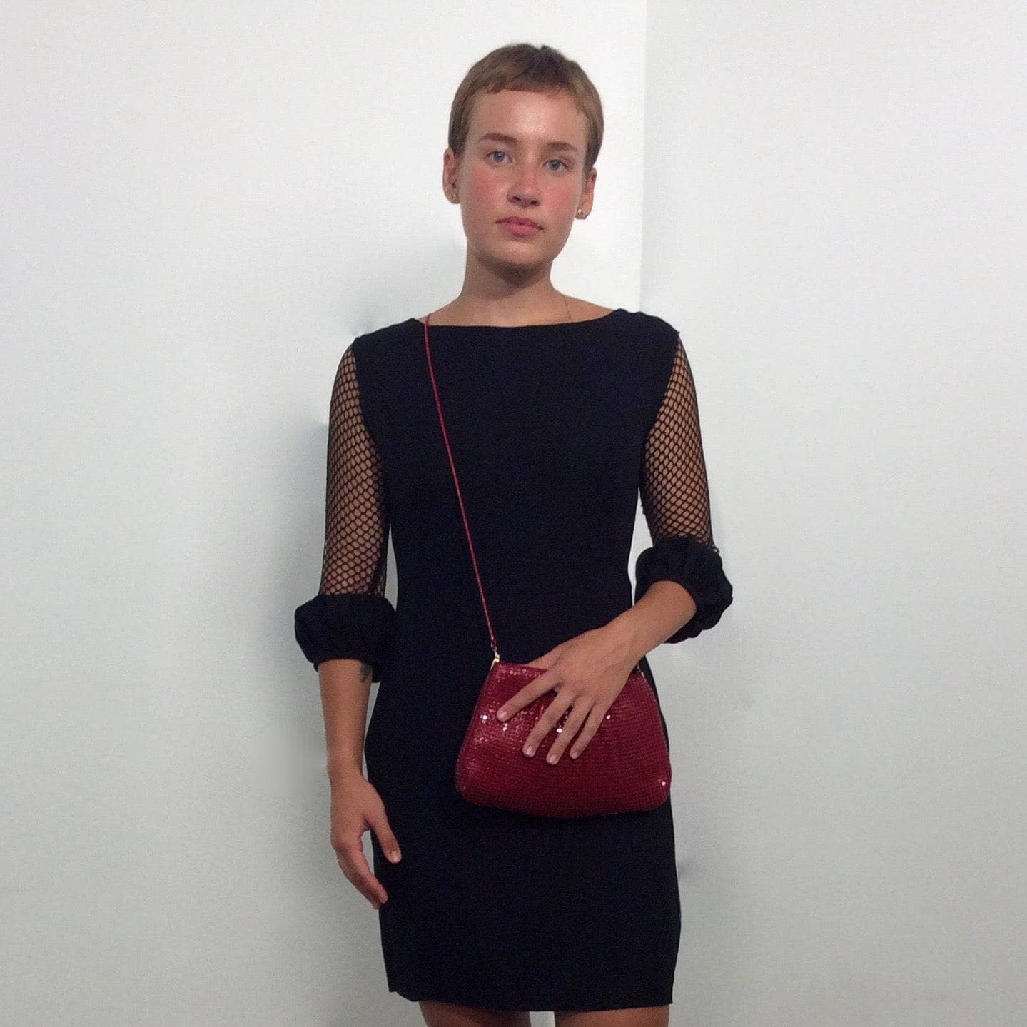  1960s Black Mini Shift Dress with Mesh Sleeves size Small sold by bohemevintage.com Montréal