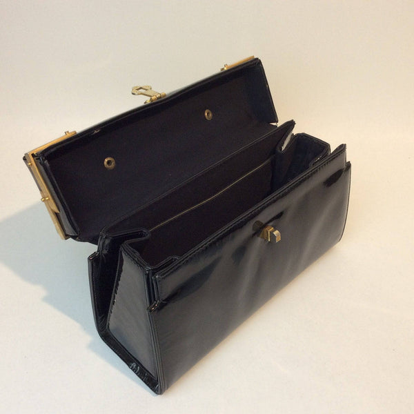 Open view of 1960s Black Patent Leather Style Pillbox Handbag. Sold by bohemevintage.com Montréal