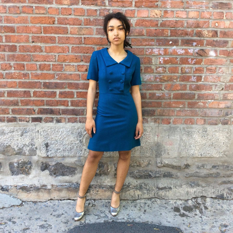 1960s Blue Wool Petite Dress Small/Extra Small sold by bohemevintage.com Montréal