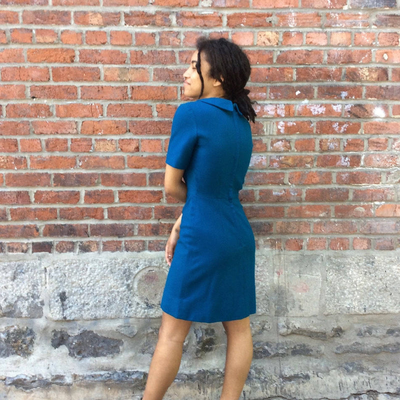 Side view of 1960s Blue Wool Petite Dress Small/Extra Small sold by bohemevintage.com Montréal