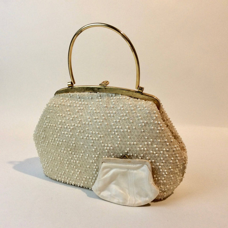 1960s Cream Grandee Beaded Handbag with Brass Handle. With Change Purse. Sold by bohemevintage.com Montréal