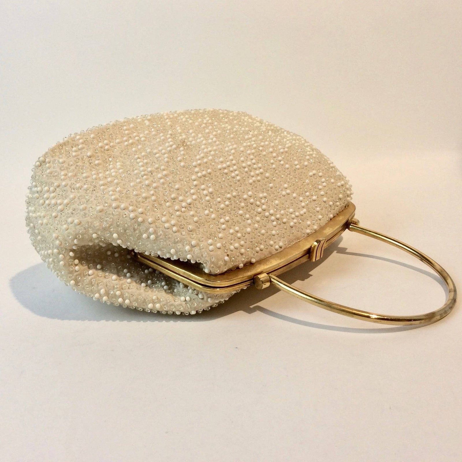 1960s Cream Grandee Beaded Handbag with Brass Handle Boheme Vintage Boheme Vintage