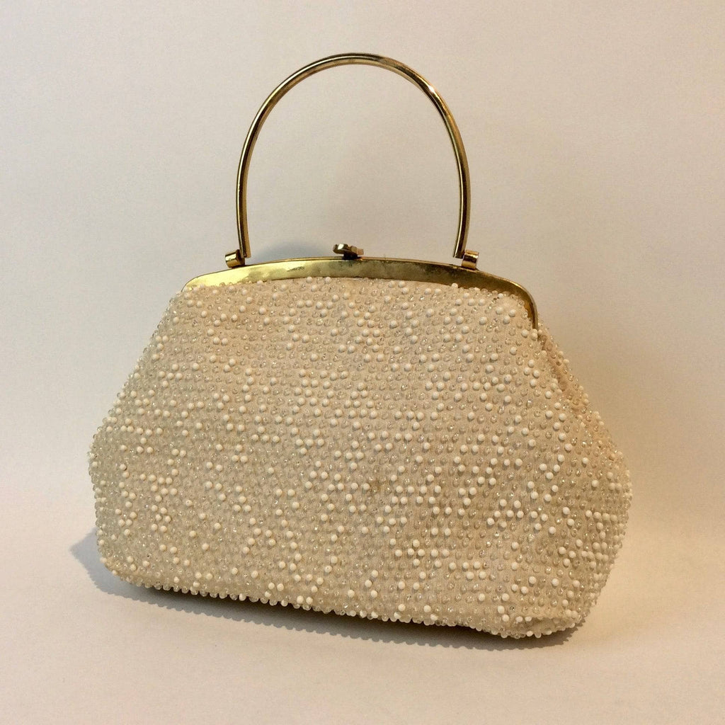 1960s Cream Grandee Beaded Handbag with Brass Handle