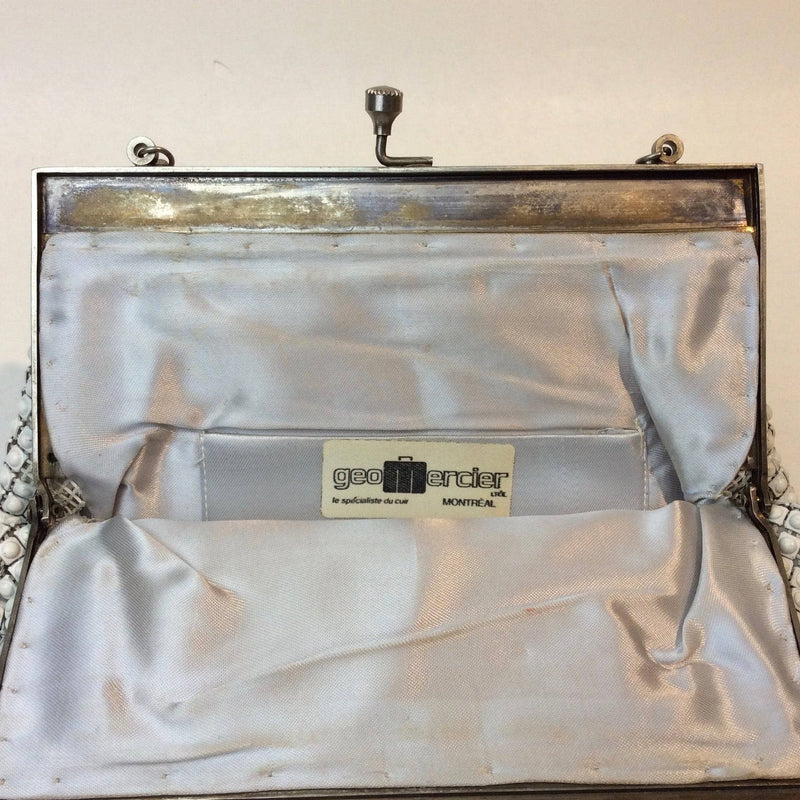 Inside view with Label of 1960s "Geo Mercier" White Beaded Textured Evening Bag. Sold by bohemevintage.com Montréal