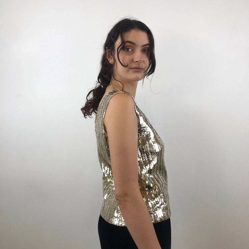 Side view of 1960s Gold and Silver Sleeveless Sequin Top Size Medium - Large sold by bohemevintage.com Montreal