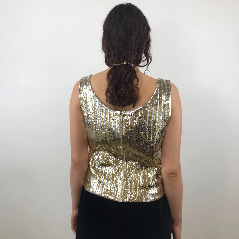 Back view of 1960s Gold and Silver Sleeveless Sequin Top Size Medium - Large sold by bohemevintage.com Montreal 