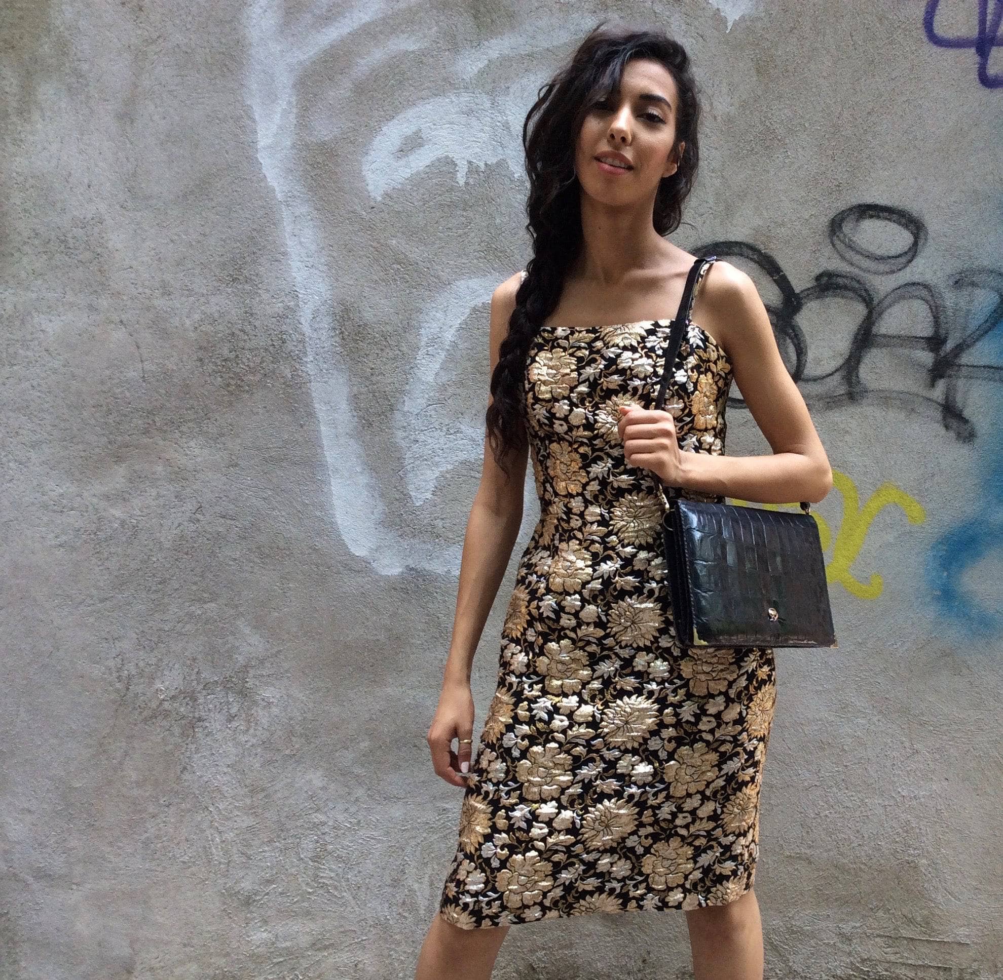 1960s Gold, Silver & Black Brocade Knee-length Sheath Dress Size Small. Sold by bohemevintage.com Montréal