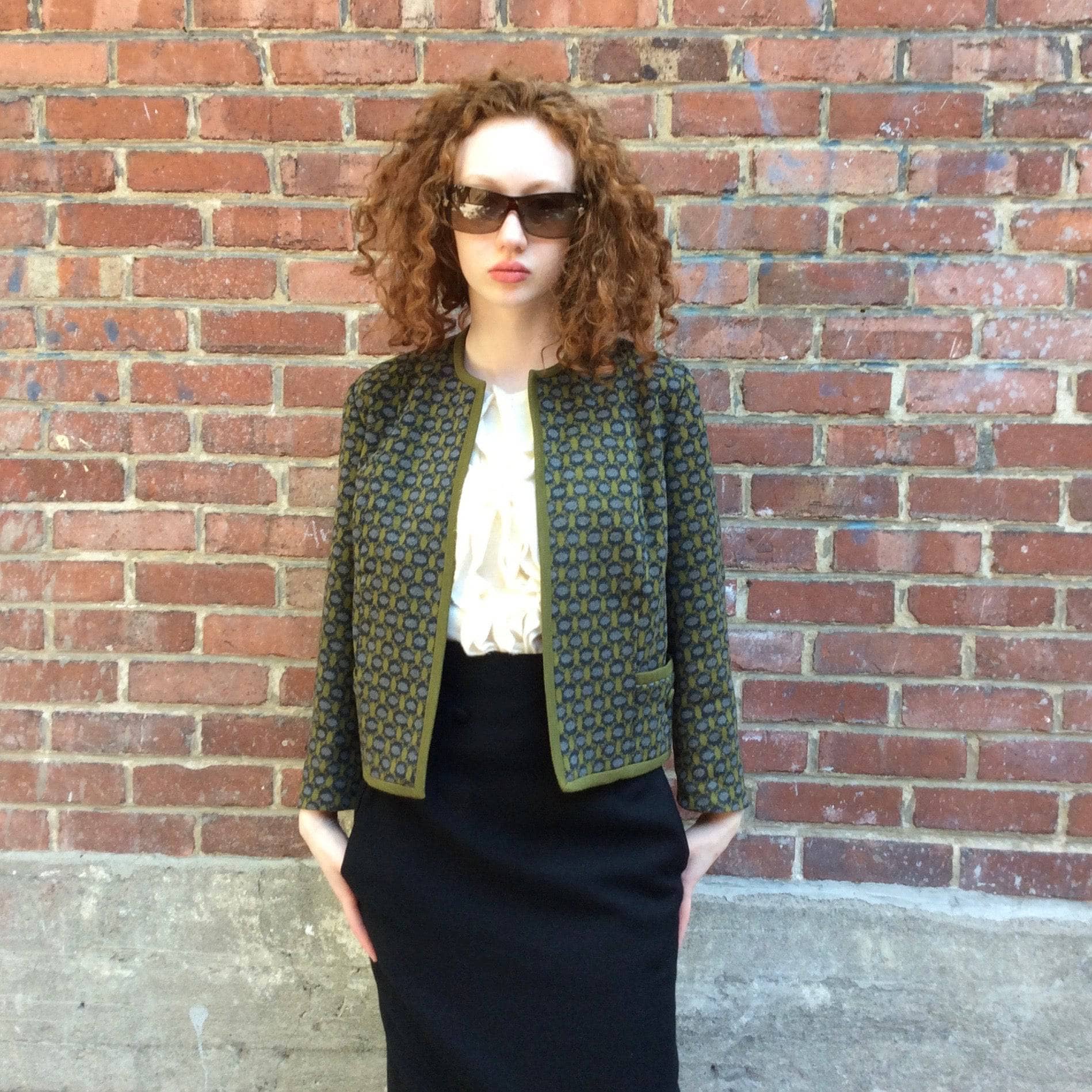 1960s Green and Grey ¾ Sleeve Boxy shape Wool Knit Blazer. Sold by bohemevintage.com Montréal