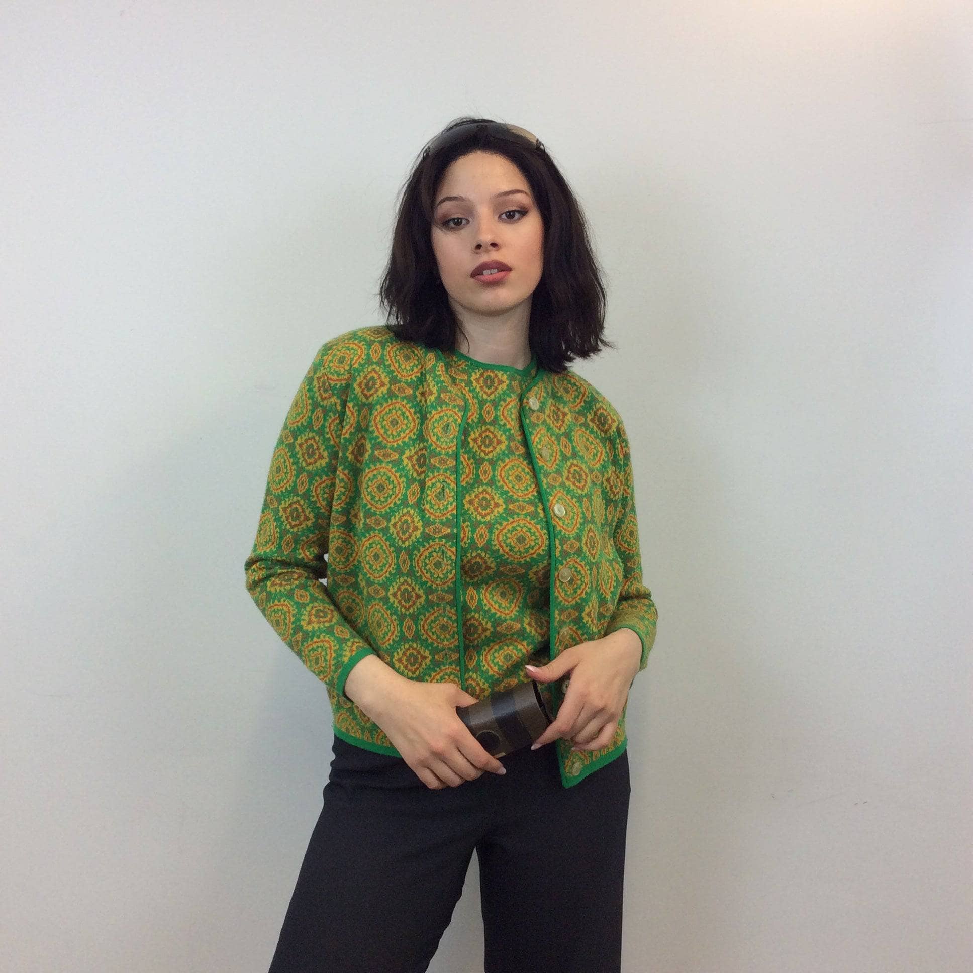 1960s Green and Yellow Knitted Blazer and Cami Set Size Small/Medium. Sold by bohemevintage.com Montréal