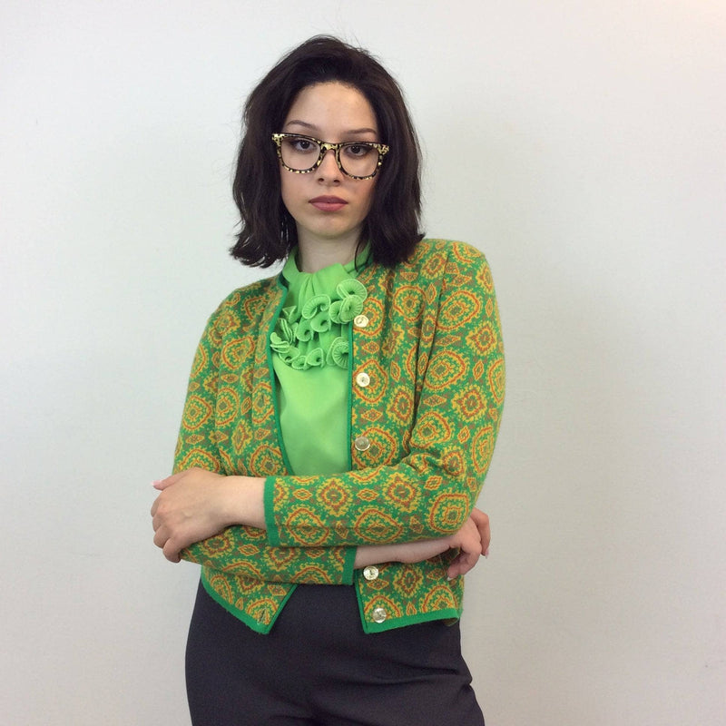 1960s Green and Yellow Knitted Blazer and Cami Set Size Small/Medium. Sold by bohemevintage.com Montréal
