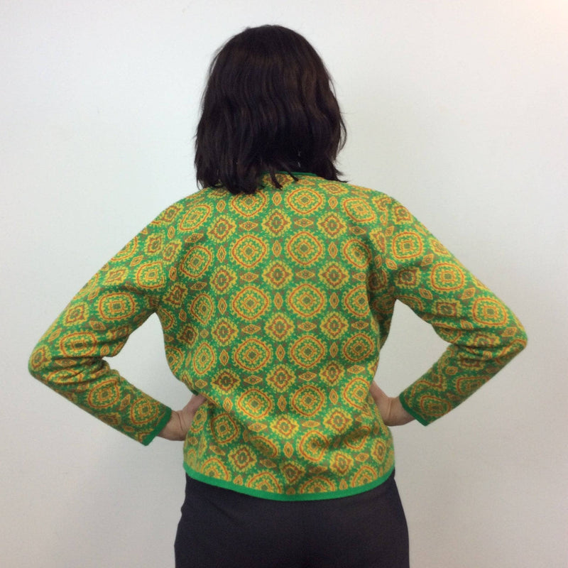 Back view of 1960s Green and Yellow Knitted Blazer and Cami Set Size Small/Medium. Sold by bohemevintage.com Montréal