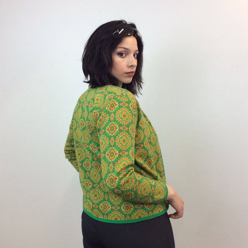 Side View of 1960s Green and Yellow Knitted Blazer and Cami Set Size Small/Medium. Sold by bohemevintage.com Montréal