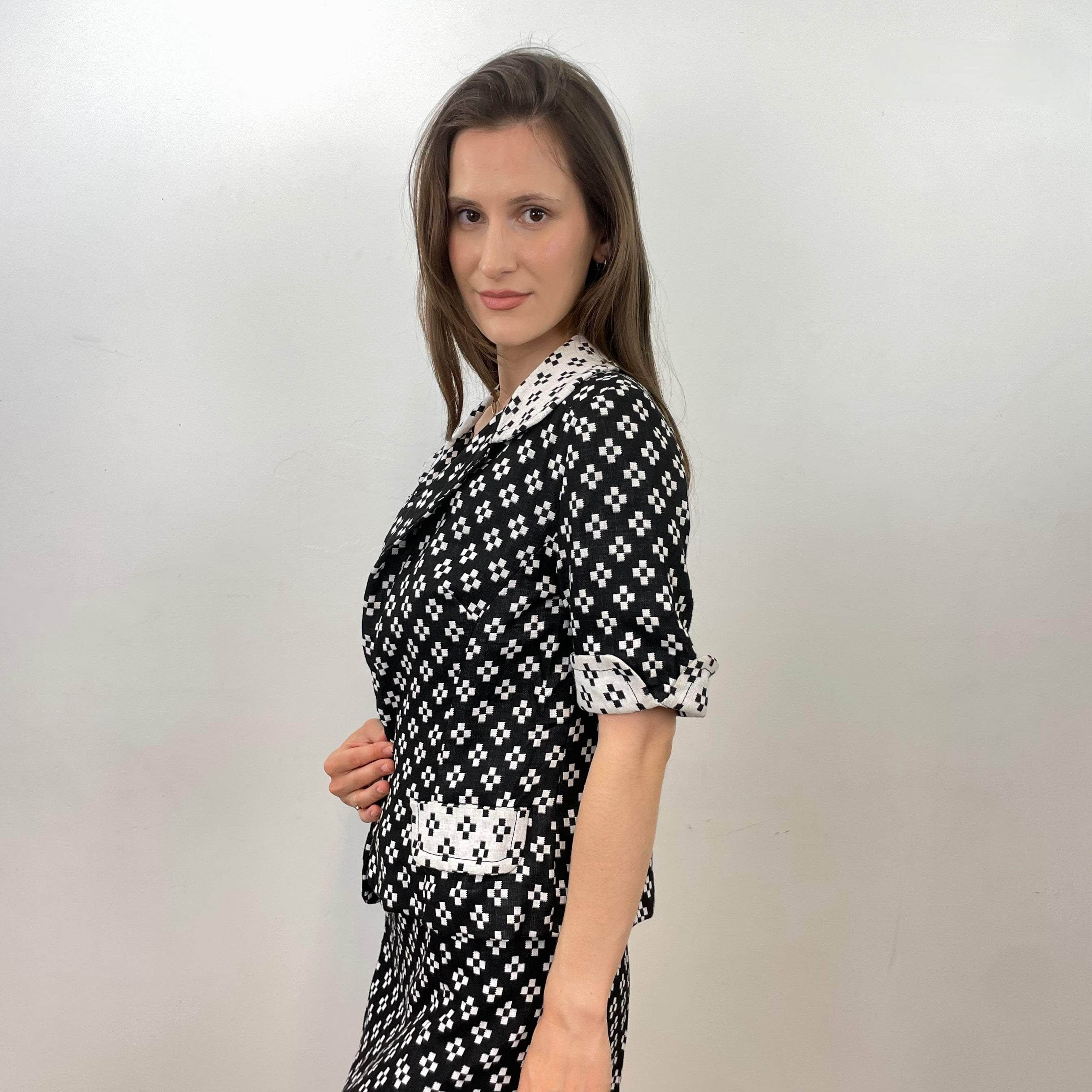 1960s Holt Renfrew Black and White Dress and Blazer Set Size small Sold at bohemevintage.com Montreal