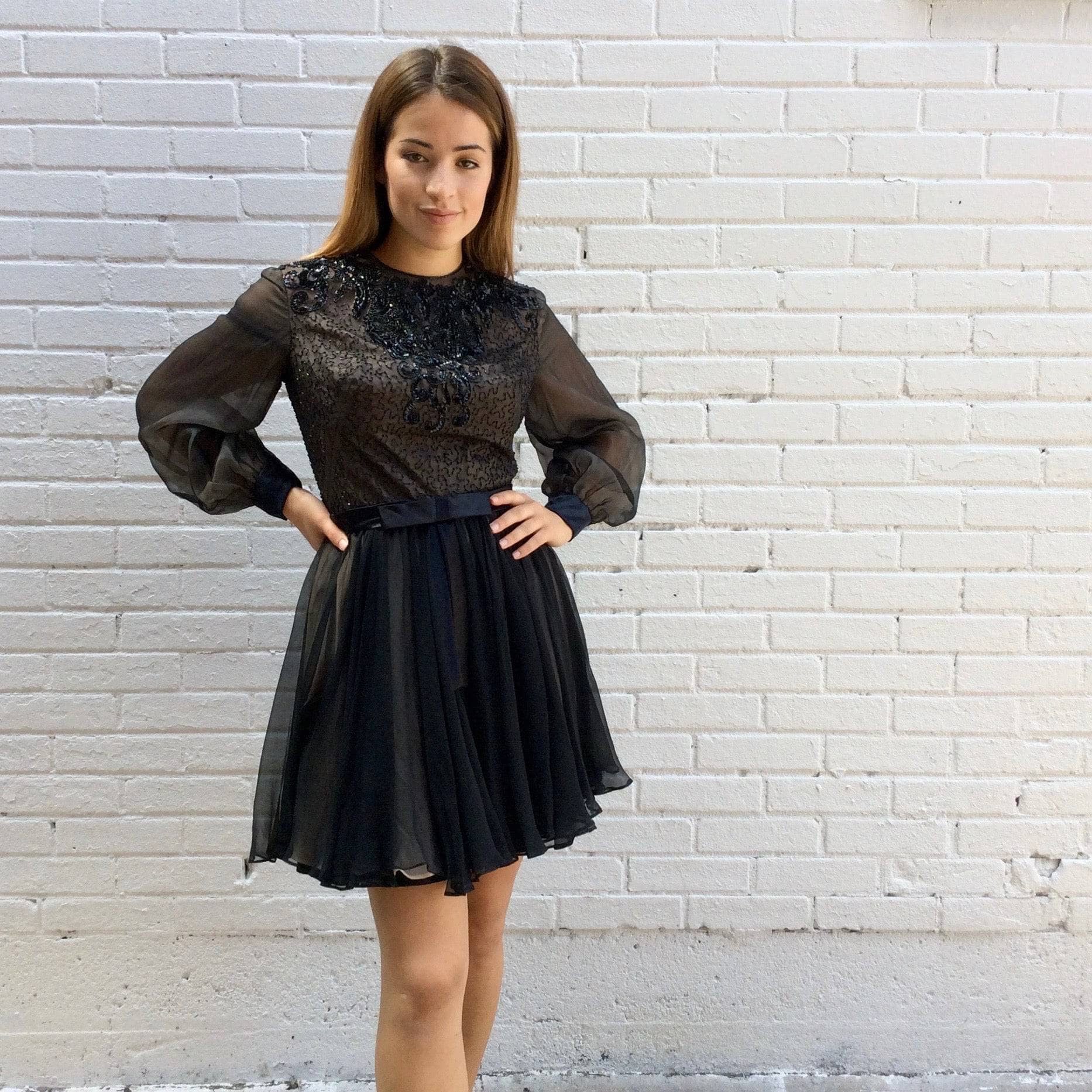 1960s "Lily Simon" Sequin and Beaded Silk Chiffon Couture Mini Dress Size Small sold by bohemevintage.com Montréal