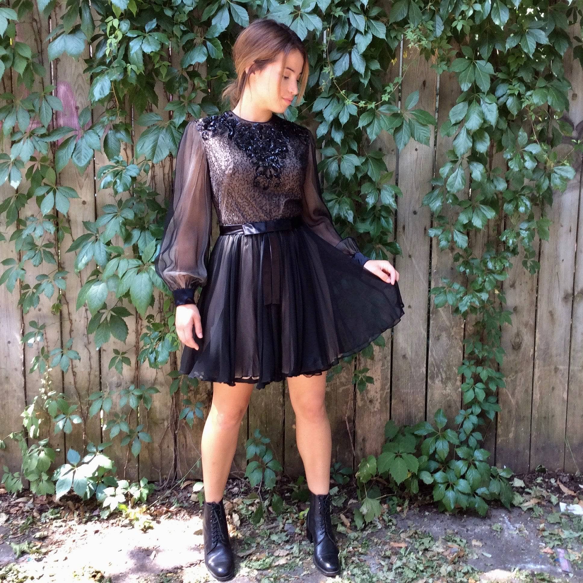 1960s "Lily Simon" Sequin and Beaded Silk Chiffon Couture Mini Dress Size Small sold by bohemevintage.com Montréal