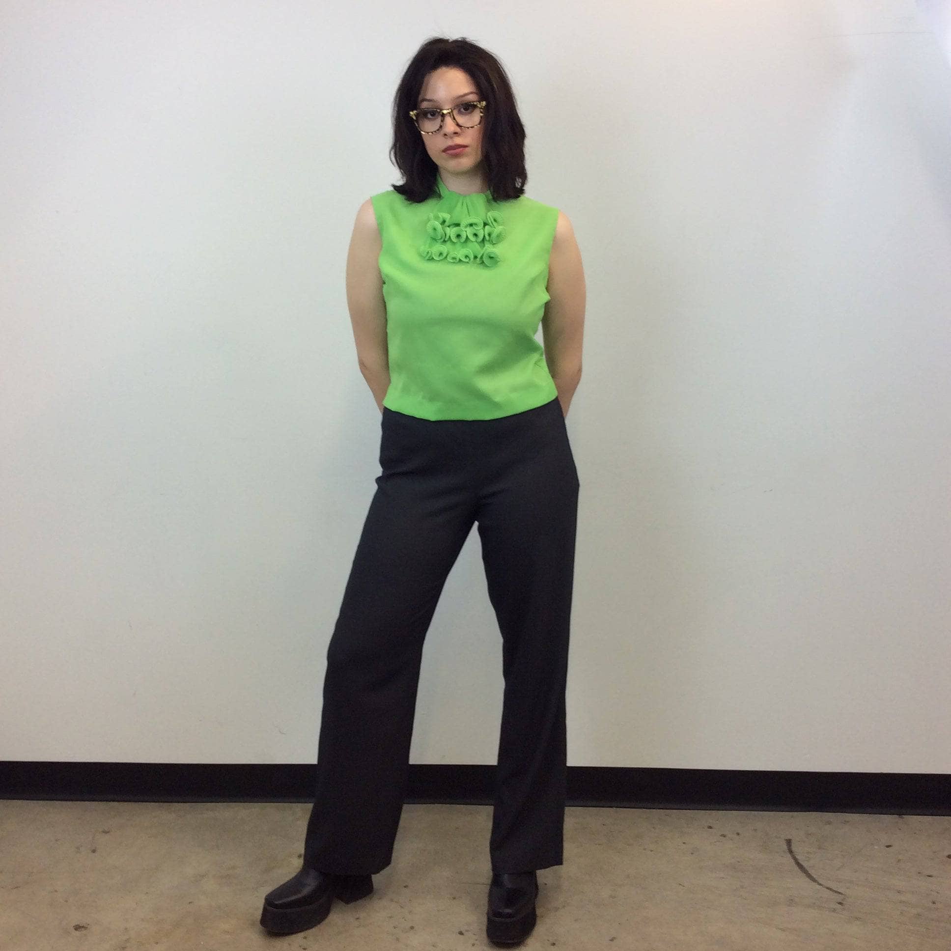 1960s Lime Green Sleeveless Cropped Blouse with Jabot Collar. Sold by bohemevintage.com Montréal