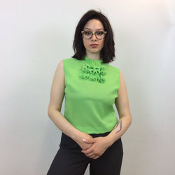 1960s Lime Green Sleeveless Cropped Blouse with Jabot Collar.  Sold by bohemevintage.com Montréal