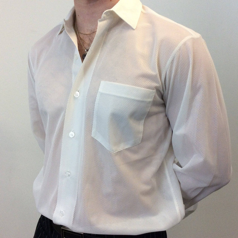 Close-up of 1960s Men's White Mesh-Style Dress Shirt. Sold by bohemevintage.com Montreal