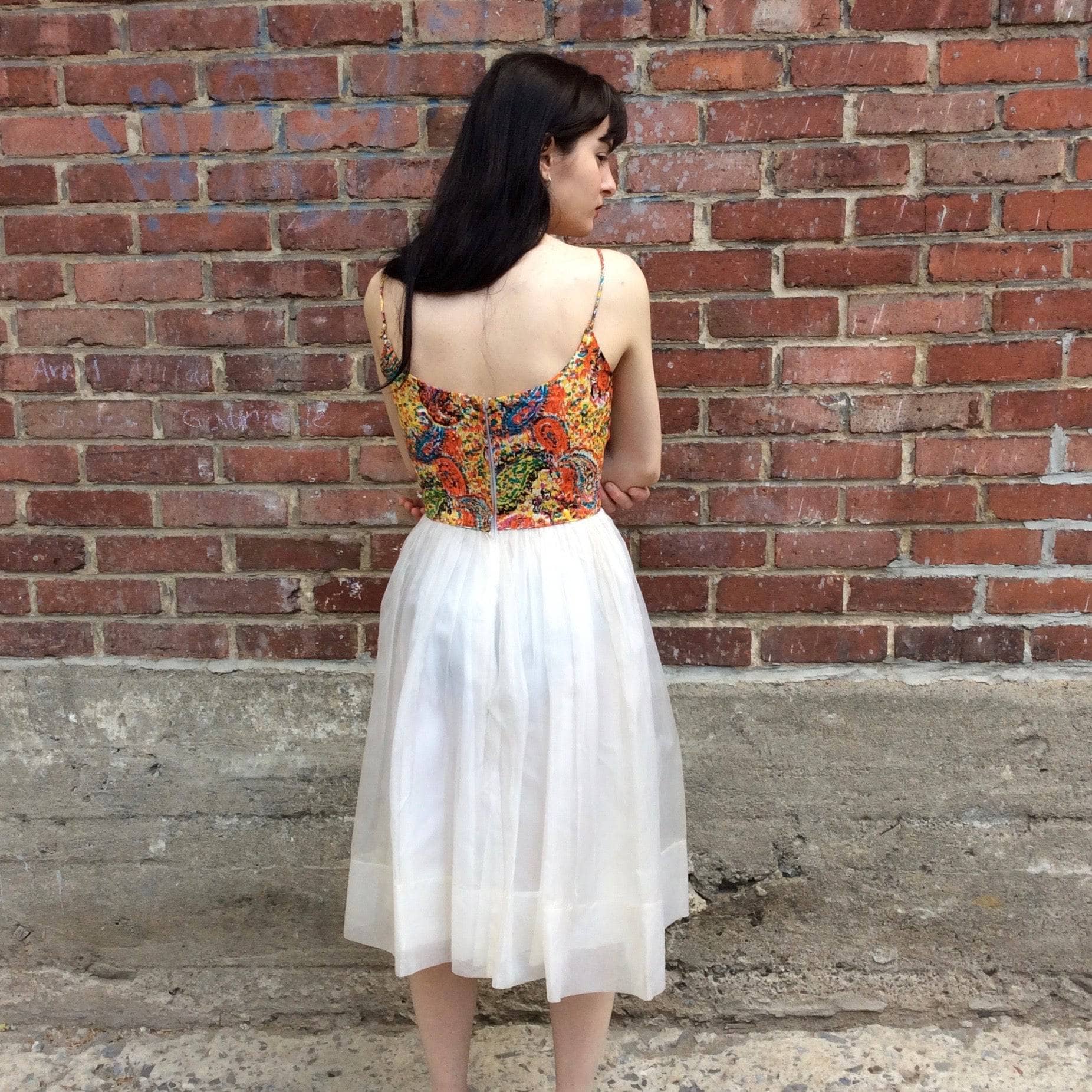 Back View of 1960s Petite Silk Cocktail Dress size extra small/ Small sold by bohemevintage.com Montréal