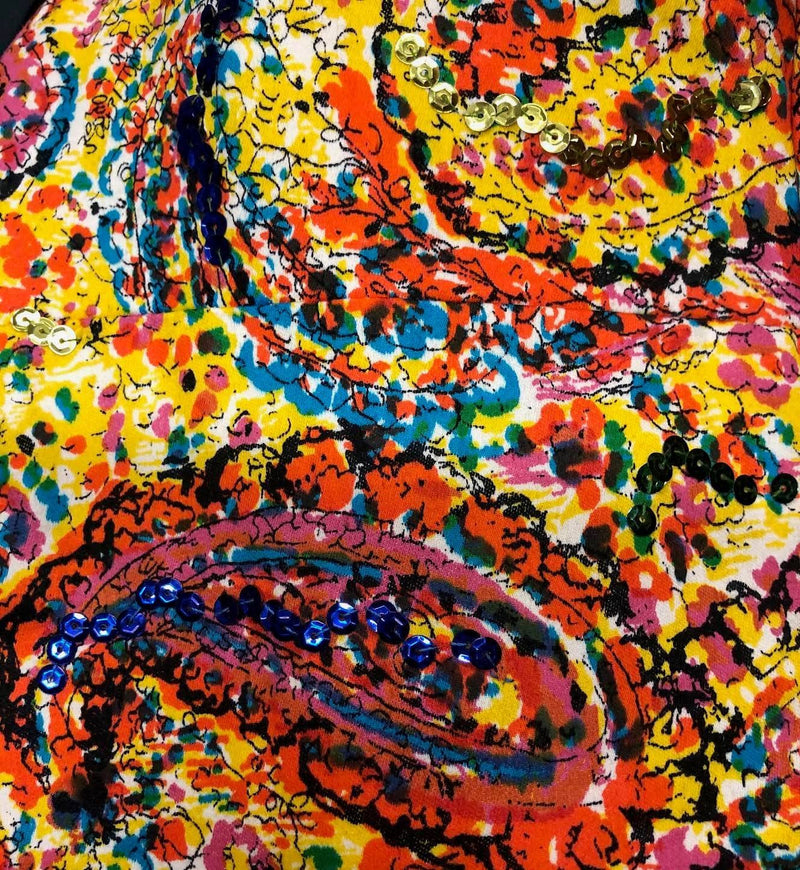 Close up of fabric of 1960s Petite Silk Cocktail Dress size extra small/ Small sold by bohemevintage.com Montréal