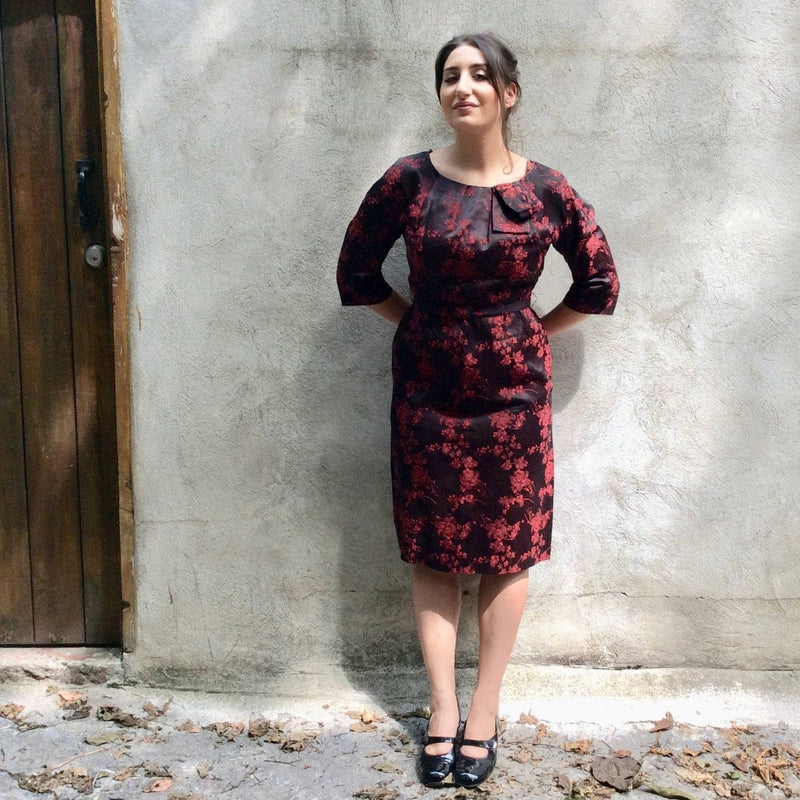 1960s Red and Black Floral Satin Brocade Sheath Cocktail Dress. Sold by bohemevintage.com Montreal