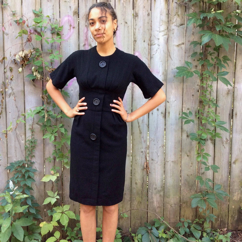  1960s Short Sleeve Black Wool Dress Size Small sold by bohemevintage.com Montreal
