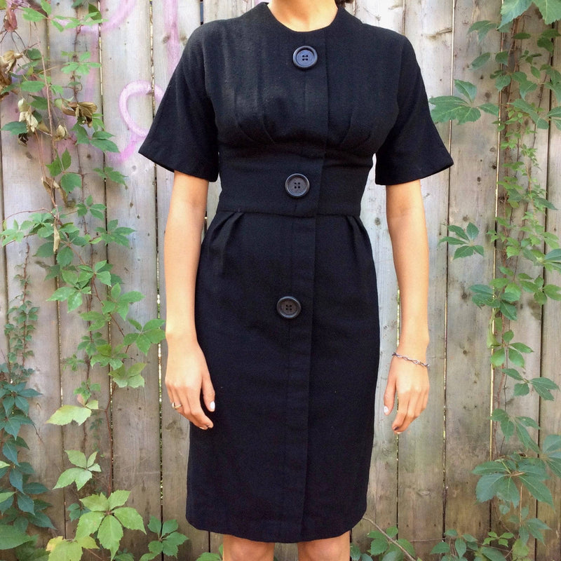 1960s Short Sleeve Black Wool Dress Size Small sold by bohemevintage.com Montreal