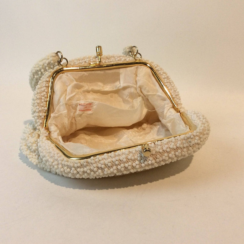 Open view of Corde-Bead 1960s White Beaded Soft Shell Evening Bag. Sold by bohemevintage.com Montreal