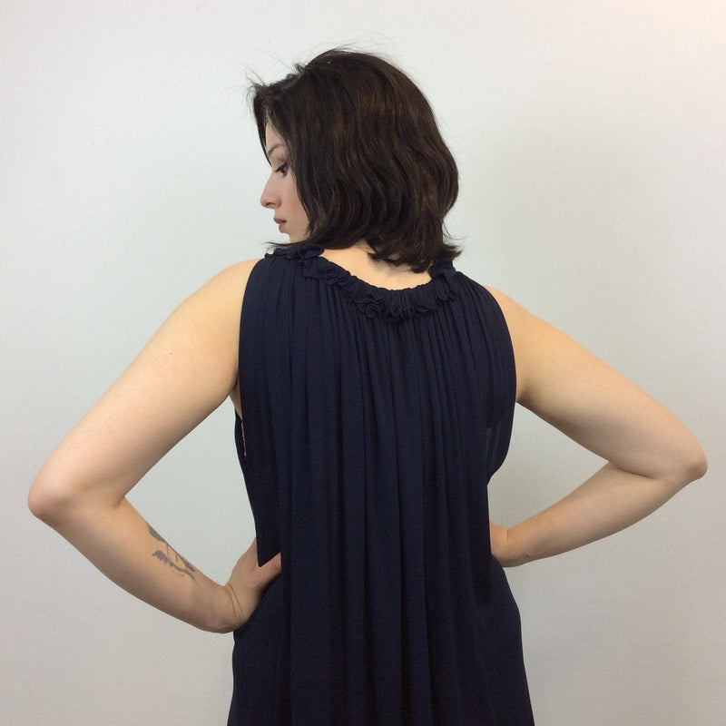  Back view of 1970-80s Jean Varon Designer Navy Blue Trapeze Midi Dress size Medium/Large sold by bohemevintage.com in Montreal