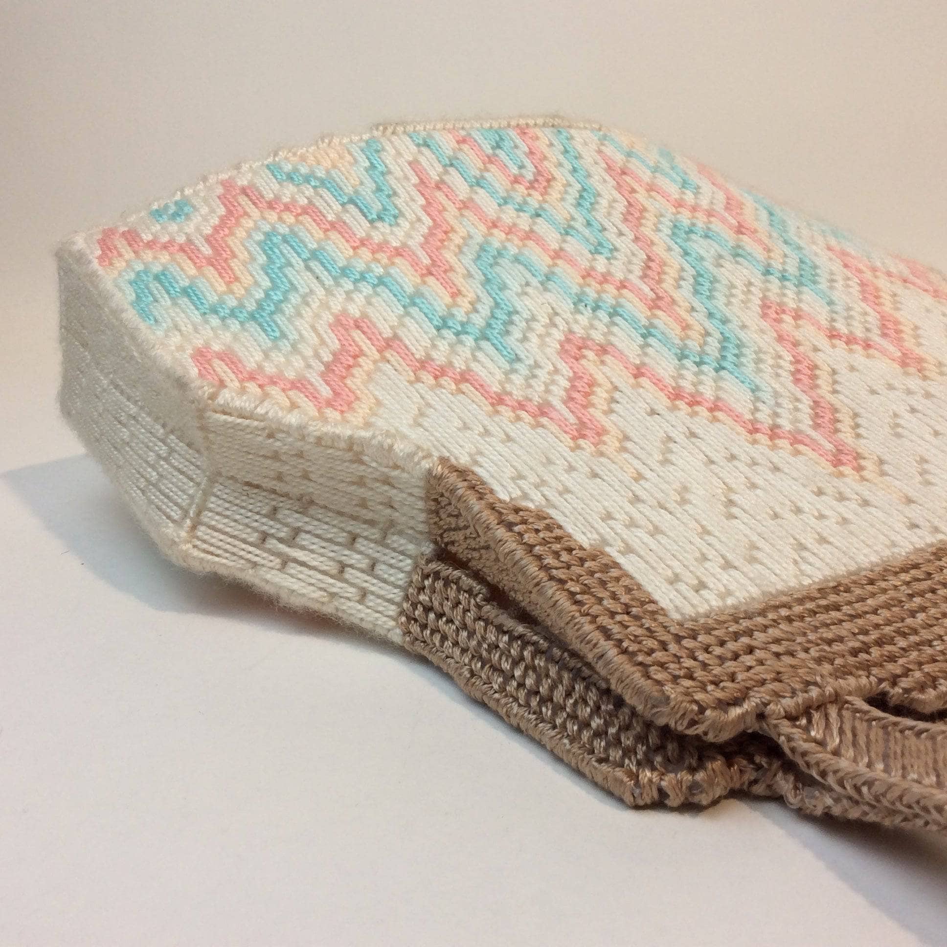 Side view of 1970's Bargello Needlepoint Handbag Handmade, Sold by bohemevintage.com Montreal