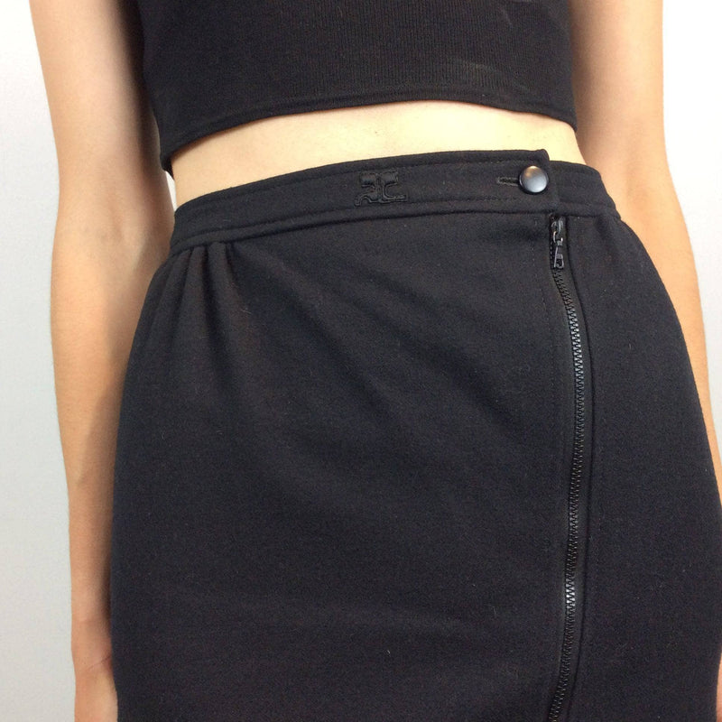 Closer view of 1970s-1980s Courrèges Black Cashmere and Wool Midi Pencil Skirt Size Small Sold by Boheme Vintage Montreal