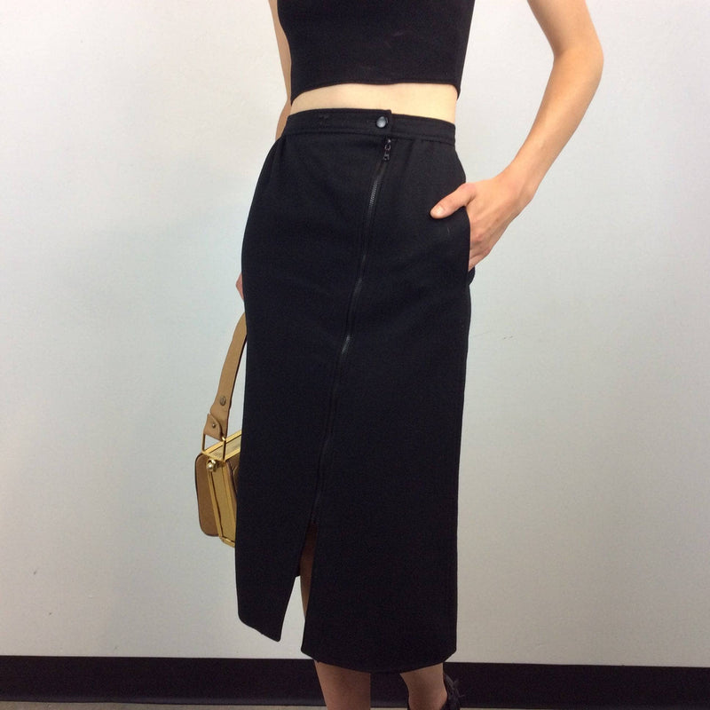 Closer view of 1970s-1980s Courrèges Black Cashmere and Wool Midi Pencil Skirt Size Small