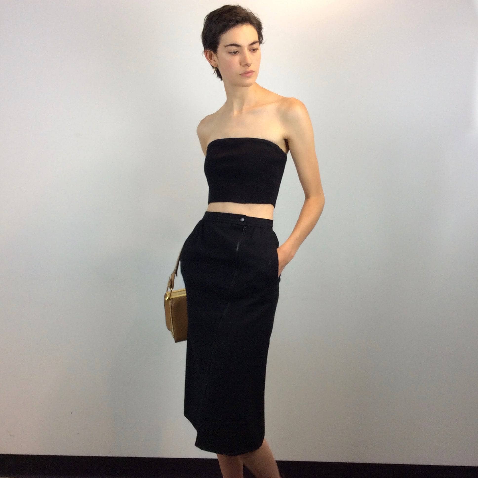 1970s-1980s Courrèges Black Cashmere and Wool Midi Pencil Skirt Size Small Sold by Boheme Vintage Montreal