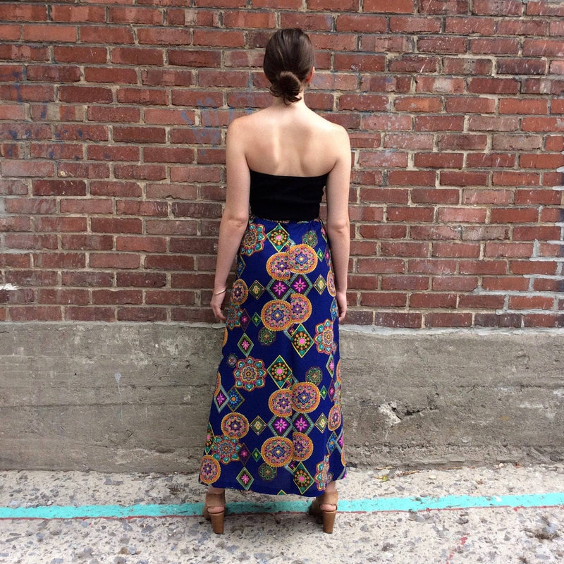 Back view of 1970s A-Line Mandala Pattern Maxi Skirt Size Small, sold by bohemevintage.com Montréal