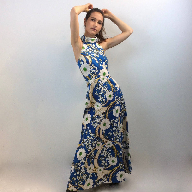 Back view of 1970s Bold Print Halter Top Cotton Maxi Dress, Size Extra Small, Sold by bohemevintage.com Montréal