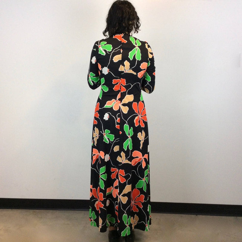 Back view of 1970s Bold Print Low-Cut Long Sleeve Maxi Dress Size Medium Sold by bohemevintage.com Montreal