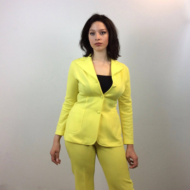 1970s Bright Yellow Blazer, Skirt and Pant Set Size Small/Medium, Sold by bohemevintage.com Montréal