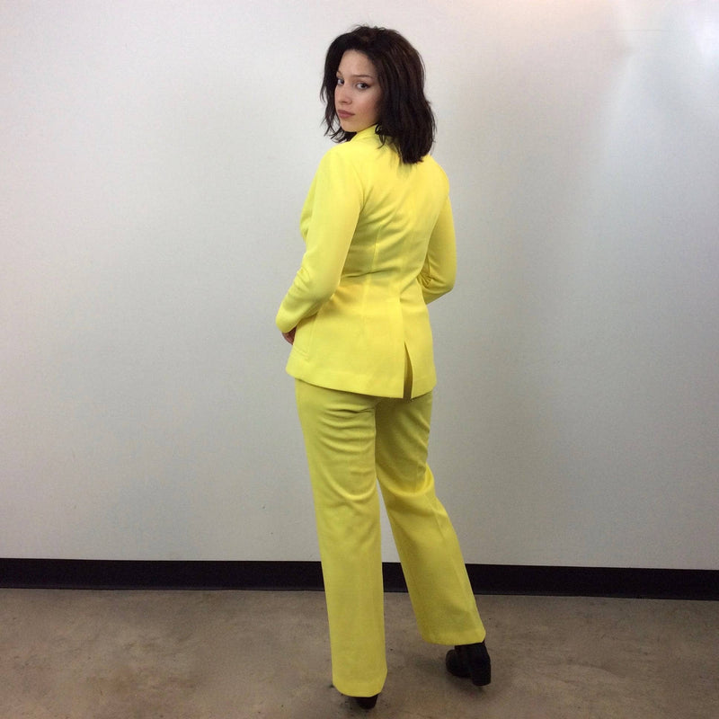 Back view of 1970s Bright Yellow Blazer, Skirt and Pant Set Size Small/Medium, Sold by bohemevintage.com Montréal